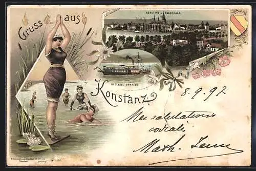 Lithographie Konstanz, Gesamtansicht von der Seestrasse, Boden Dampfer und Schwimmerinnen