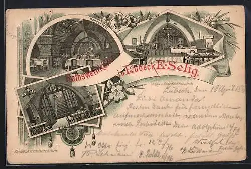 Lithographie Lübeck, Gasthaus Rathsweinkeller von E. Selig, Innenansichten