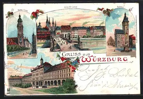 Lithographie Würzburg, Julius Spital, Neubau-Kirche, Rathaus, Alte Brücke