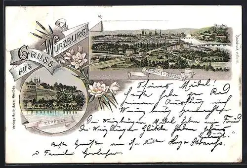 Lithographie Würzburg, Panorama, Käppele