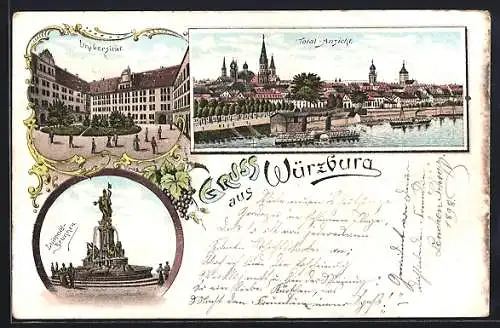 Lithographie Würzburg, Universität, Luitpoldbrunnen und Totalansicht