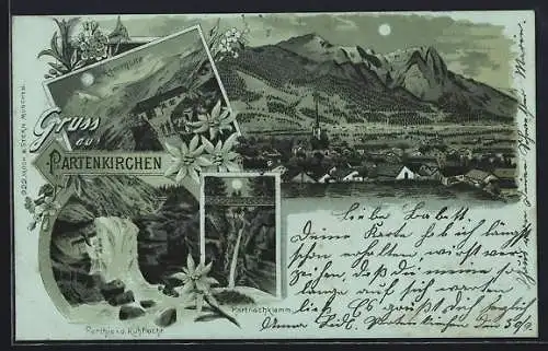 Mondschein-Lithographie Partenkirchen, Partnachklamm, Knorrhütte und Partie in der Kuhflucht