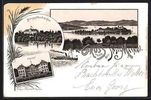 Vorläufer-Lithographie Insel Mainau, 1895, Landungsplatz mit Schloss, Schlosshof
