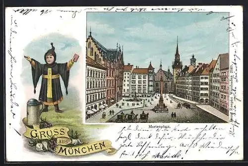 Lithographie München, Marienplatz im Passepartout mit Münchner Kindl