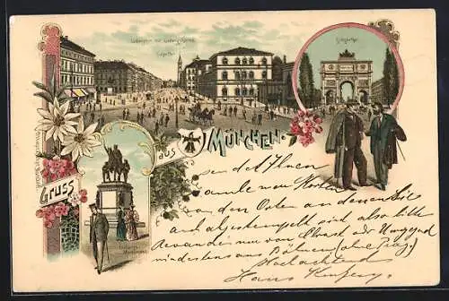 Lithographie München, Siegestor, Ludwigstor mit Ludwigskirche, Ludwigs-Monument