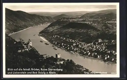 AK Bad Salzig a. Rhein, Blick auf die feindl. Brüder, Ruine Sterrenberg und Liebenstein, Fliegeraufnahme