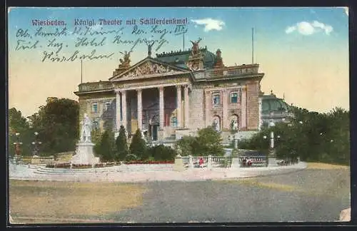 AK Wiesbaden, Königl. Theater mit Schillerdenkmal