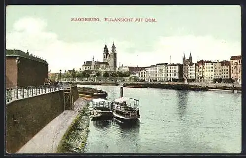 AK Magdeburg, Elb-Ansicht mit Dom, Dampfer und Kahn an der Anlegestelle