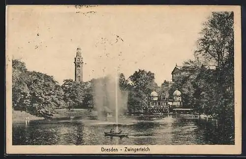 AK Dresden, Zwingerteich mit Fontäne