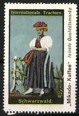 Reklamemarke Schwarzwald, Internationale Trachten, Frau in Tracht mit rotem Bollenhut