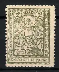 Reklamemarke K. K. Priv. Schulenverein F. O., Wohltätigkeits-Marke, Engel mit Kindern und Kreuz