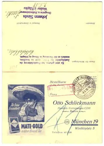 Klapp-AK München, Bestellkarte der Firma Otto Schliekmann mit Reklame für Mate-Gold, Echter Brasil-Tee