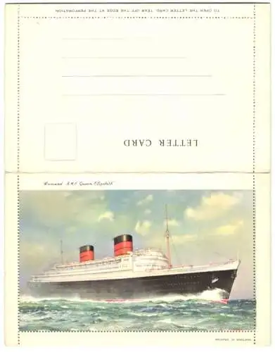 Klapp-AK Passagierschiff R. M. S. Queen Elizabeth der Cunard Line auf hoher See