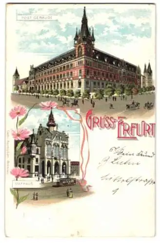 Lithographie Erfurt, Rathaus und Postgebäude, Strassenbahn