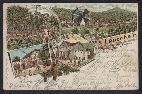 Lithographie Eppenhain im Taunus, Gasthaus zum Taunus, Schutzhütte auf dem Rossert, Aufgeklebter Pfennig