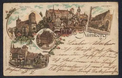 Lithographie Nürnberg, Bratwurstglöcklein, Kaiser-Stallung, Henkersteg