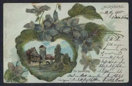 Passepartout-Lithographie Nürnberg, Henkersteg mit Blüten und Blättern, Glitzer-Perlen