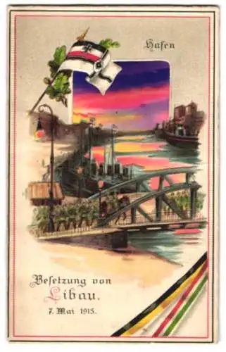 Künstler-AK Besetzung von Libau, 1915, Halt gegen das Licht', Sonnenaufgang über dem Hafen