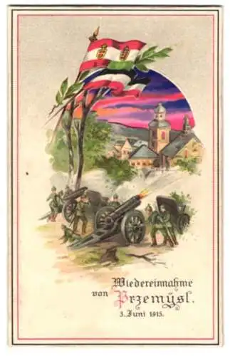 Lithographie Przemysl, Deutsche Einnahme im Juni 1915, Leuchtender Sonnenuntergang bei Halt gegen das Licht