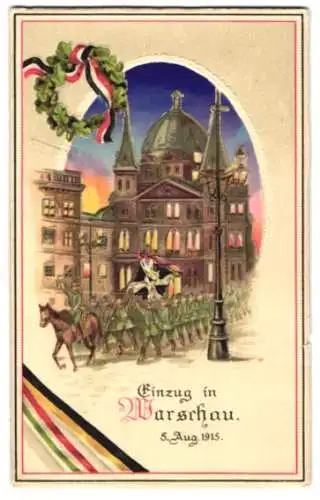 Lithographie Warschau, Einzug deutscher Truppen 1915, Leuchtende Fenster bei Halt gegen das Licht