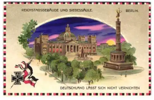 AK Berlin, Reichstagsgebäude und Siegessäule mit leuchtendem Himmel und Fenstern