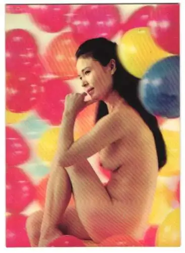 3D-AK Japanese Girl, Nackte Japanerin und Luftballons