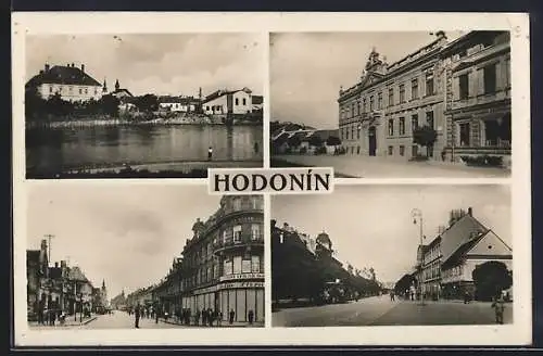 AK Hodonin, Strassenpartien, Panorama vom Wasser aus