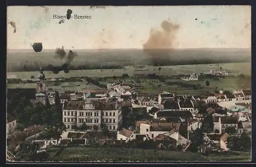 AK Bisenz, Ortsansicht mit Kirche aus der Vogelschau