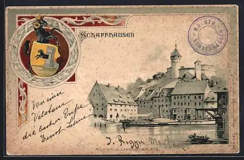 Lithographie Schaffhausen, Uferpartie mit Burg, Wappen