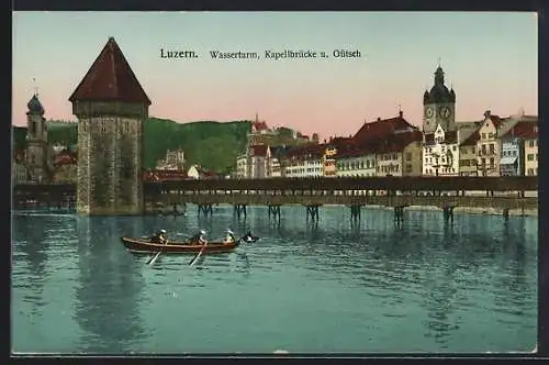 AK Luzern, Wasserturm, Kapellbrücke und Gütsch