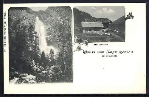 AK Adelboden, Gruss vom Engstligenfall, Restaurant, Wasserfall