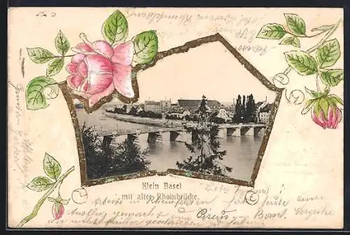 AK Basel, Teilansicht mit alter Rheinbrücke und Rosen-Präge-Rahmen