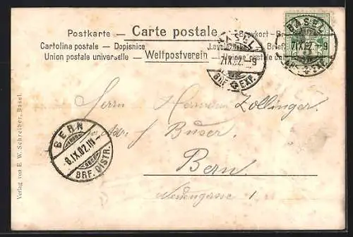 AK Basel, Teilansicht mit alter Rheinbrücke und Rosen-Präge-Rahmen