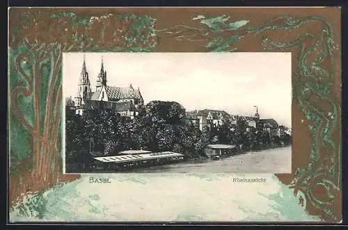 Lithographie Basel, Rheinansicht mit Kirche, Bäume am Ufer