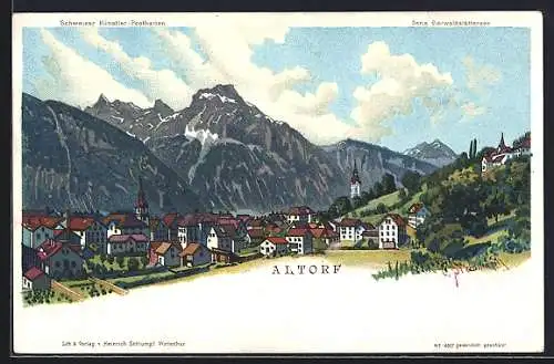 Lithographie Altdorf, Teilansicht mit Bergen