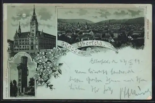 Mondschein-Lithographie Elberfeld, Neues Rathaus, Von der Heydt-Turm, Totalansicht