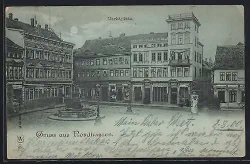 Mondschein-AK Nordhausen, Marktplatz mit Modegeschäft Eduard Schönbeck