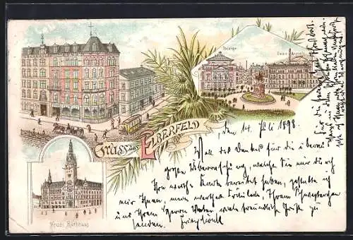 Lithographie Elberfeld, Neues Rathaus, Café mit Strassenbahn, Theater und Bade-Anstalt