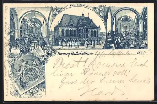 Vorläufer-Lithographie Bremen, 1895, Restaurant Rathskeller mit Innenansichten, Rathaus