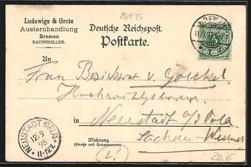 Vorläufer-Lithographie Bremen, 1895, Restaurant Rathskeller mit Innenansichten, Rathaus