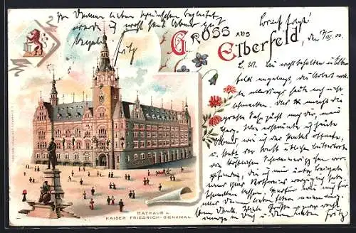 Lithographie Elberfeld, Rathaus und Kaiser Friedrich-Denkmal