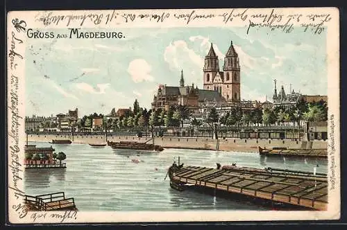 Lithographie Magdeburg, Flusspartie mit Schiffsverkehr