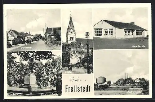 AK Frellstedt, Neue Schule, Zuckerfabrik, Ehrenmal und Dorfpartie