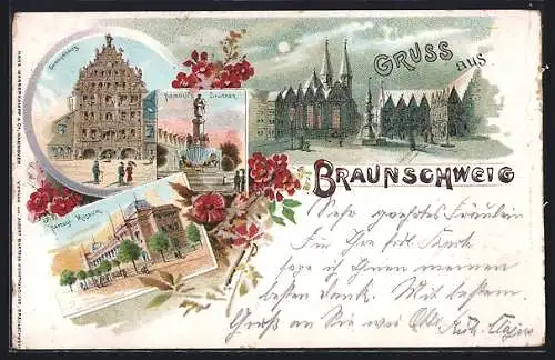 Lithographie Braunschweig, Herzogl. Museum, Gewandhaus, Heinrichs-Brunnen