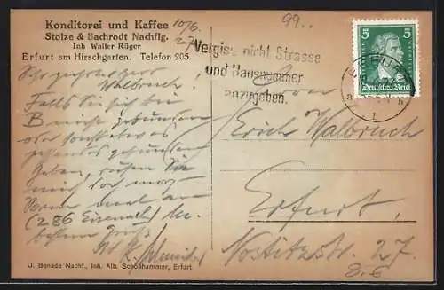 AK Erfurt, Konditorei und Café Stolze & Bachrodt Nachflg., Inh. Walter Rüger