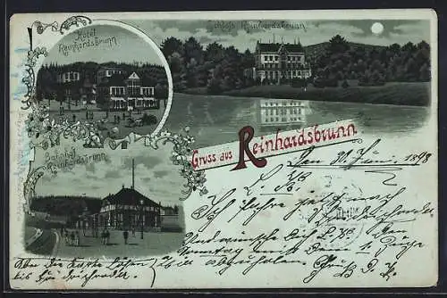 Mondschein-Lithographie Reinhardsbrunn, Hotel, Bahnhof und Schloss