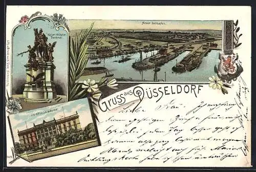 Lithographie Düsseldorf, Justizgebäude, Kaiser-Wilhelm-Denkmal, Neuer Zollhafen