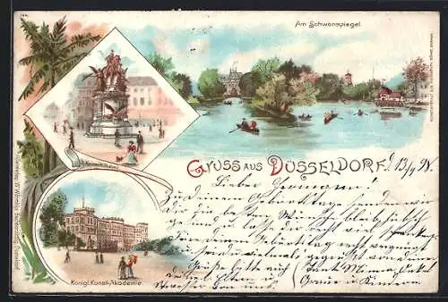 Lithographie Düsseldorf, Königl. Kunst-Akademie, Kaiser Wilhelm I.-Denkmal, Am Schwanspiegel