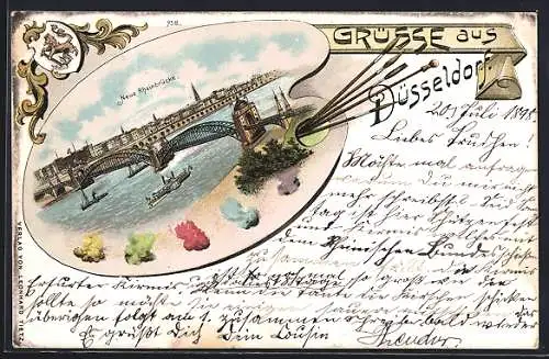 Lithographie Düsseldorf, Neue Rheinbrücke im Paletten-Passepartout mit Pinseln