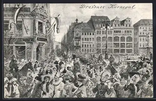 AK Dresden, Karneval, Feiernde Narren in der Innenstadt